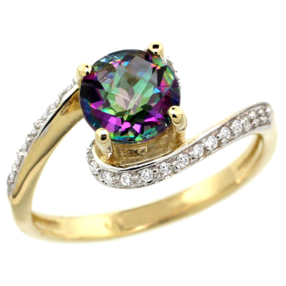 10K Yellow Gold Natural Mystic Topaz Swirl Design Ring Diamond Accent Round 6mm, 1/2 inch wide