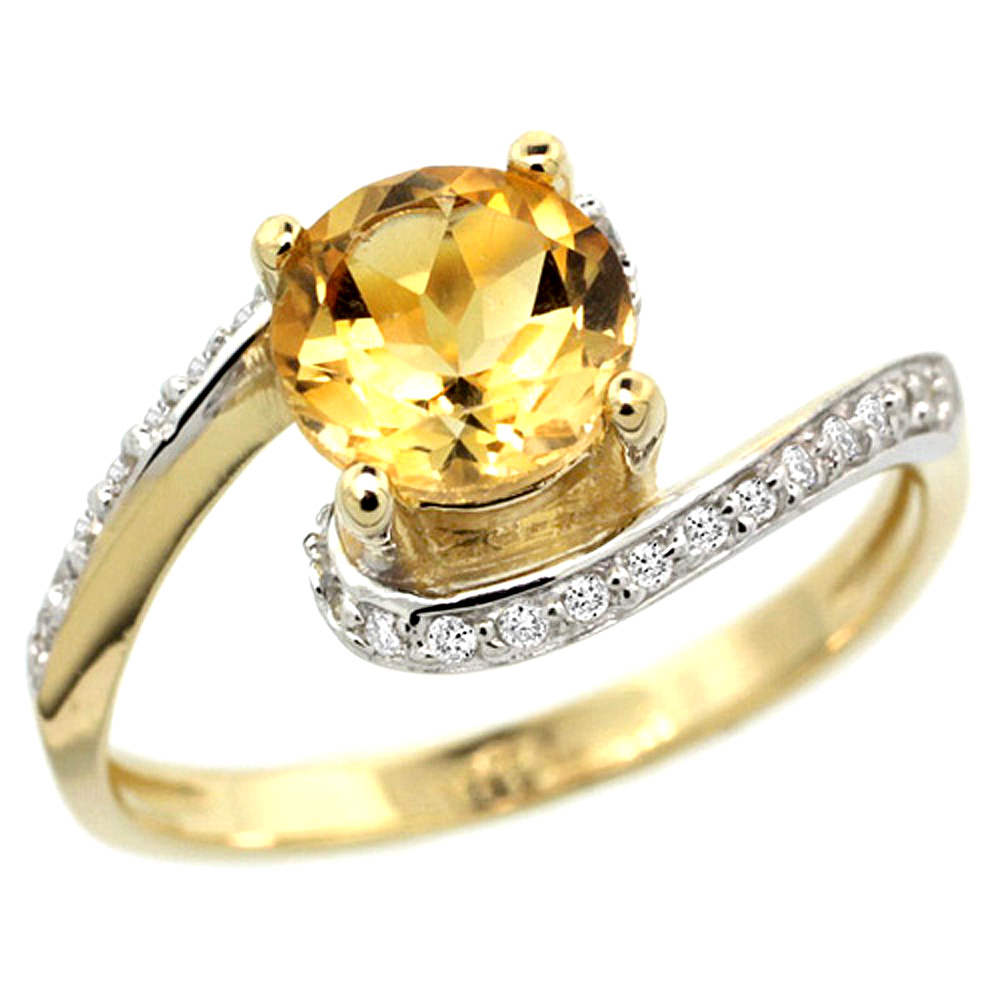 10K Yellow Gold Natural Citrine Swirl Design Ring Diamond Accent Round 6mm, 1/2 inch wide