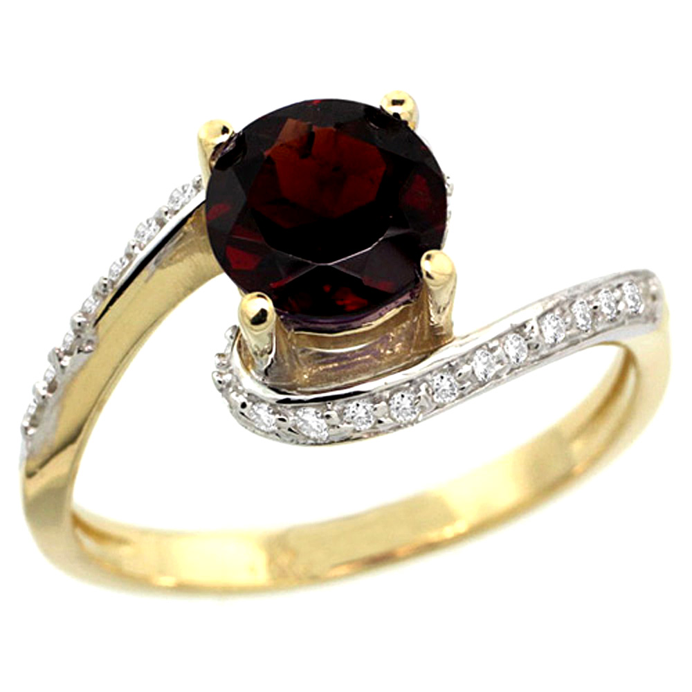 14k Yellow Gold Natural Garnet Swirl Design Ring Diamond Accent Round 6mm, 1/2 inch wide