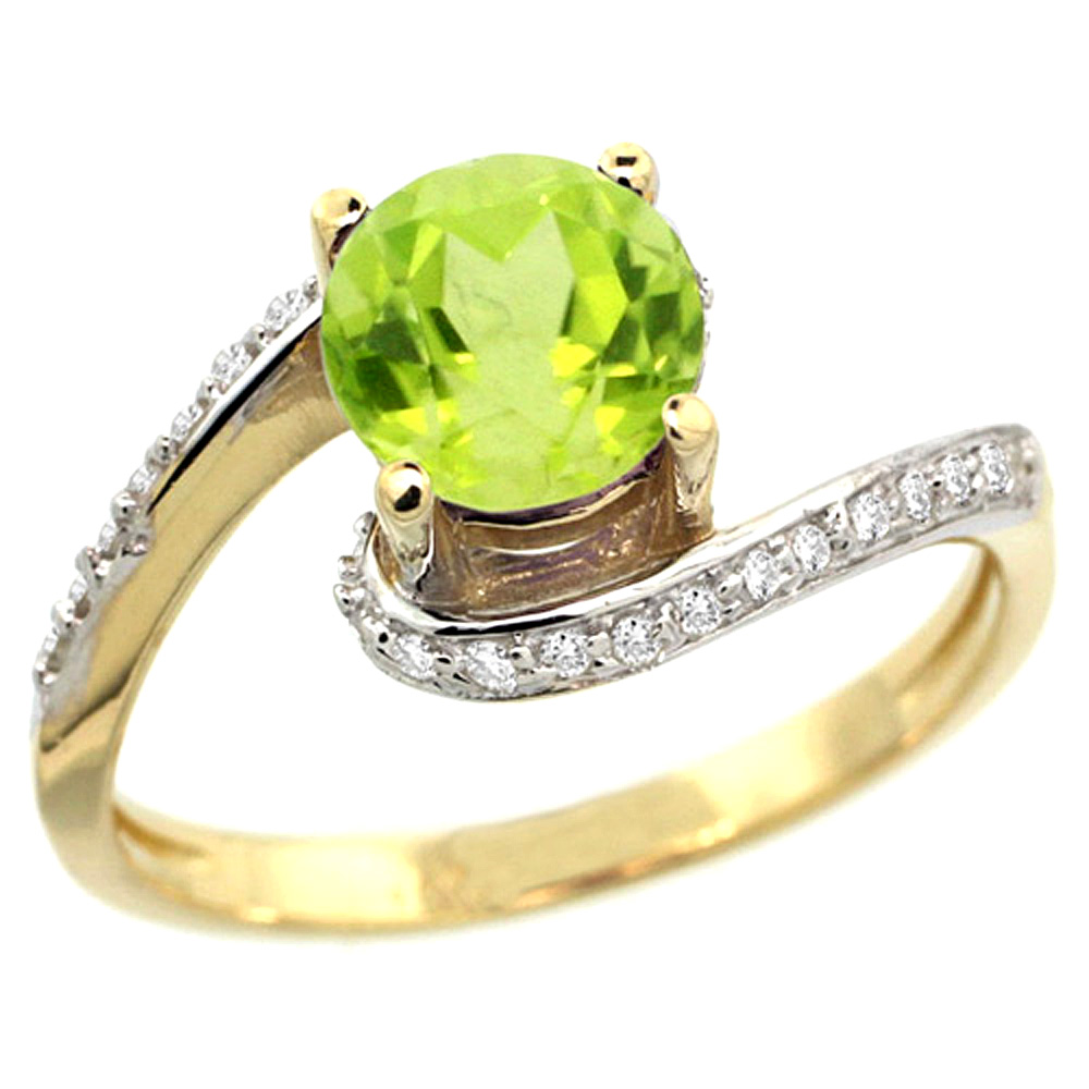 14k Yellow Gold Natural Peridot Swirl Design Ring Diamond Accent Round 6mm, 1/2 inch wide