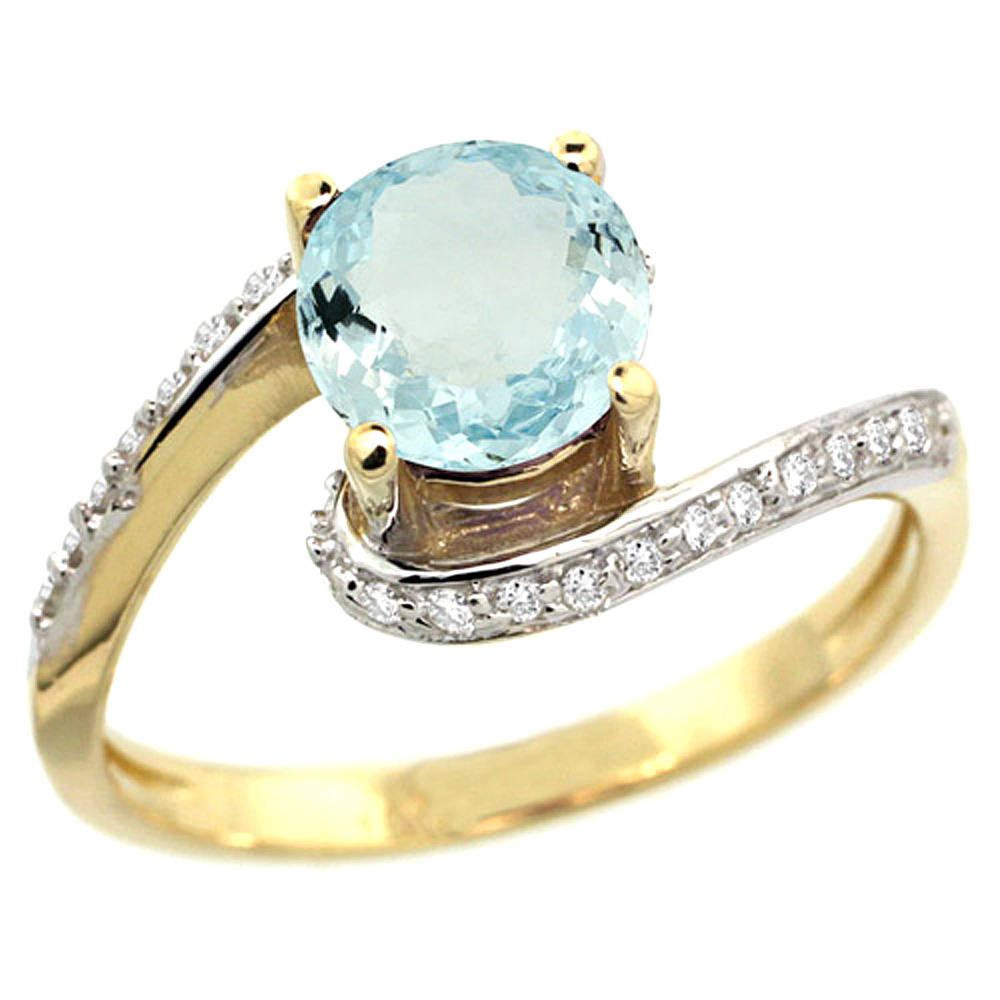 14k Yellow Gold Natural Aquamarine Swirl Design Ring Diamond Accent Round 6mm, 1/2 inch wide