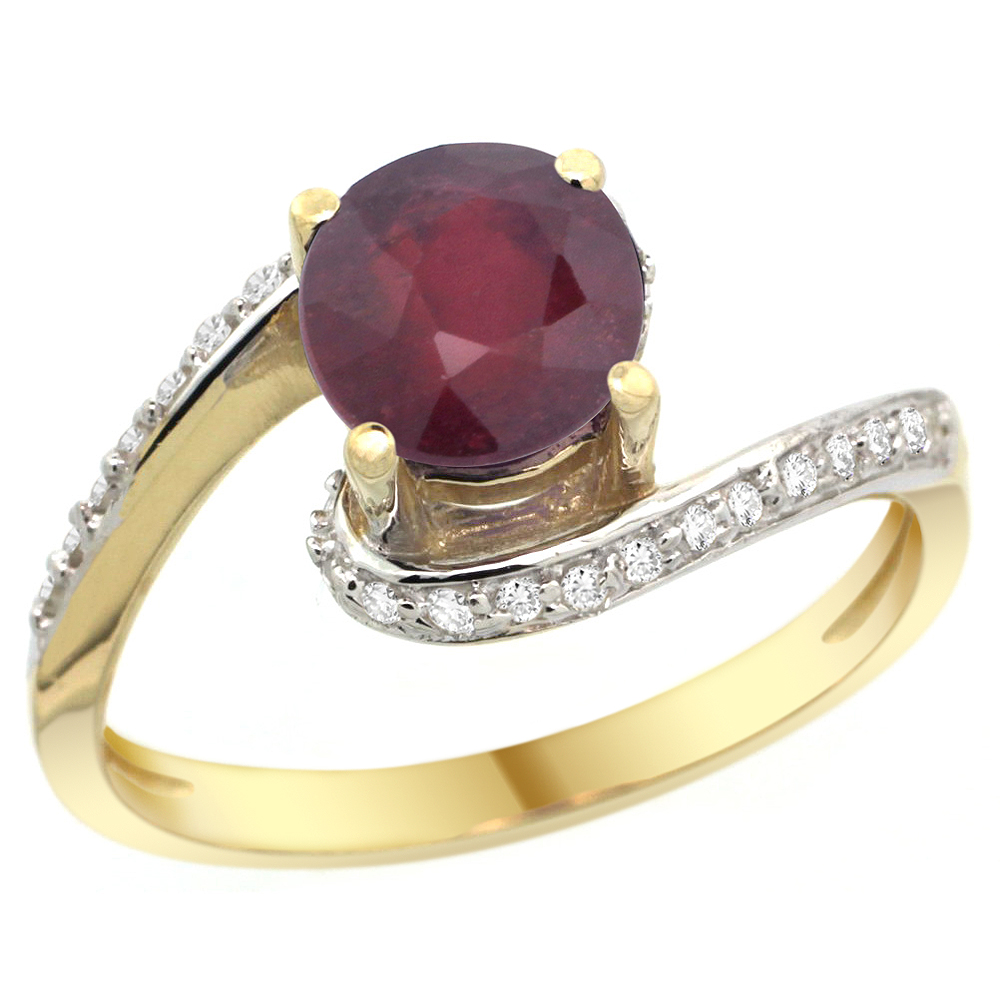 14k Yellow Gold Natural Enhanced Ruby Swirl Design Ring Diamond Accent Round 6mm, 1/2 inch wide