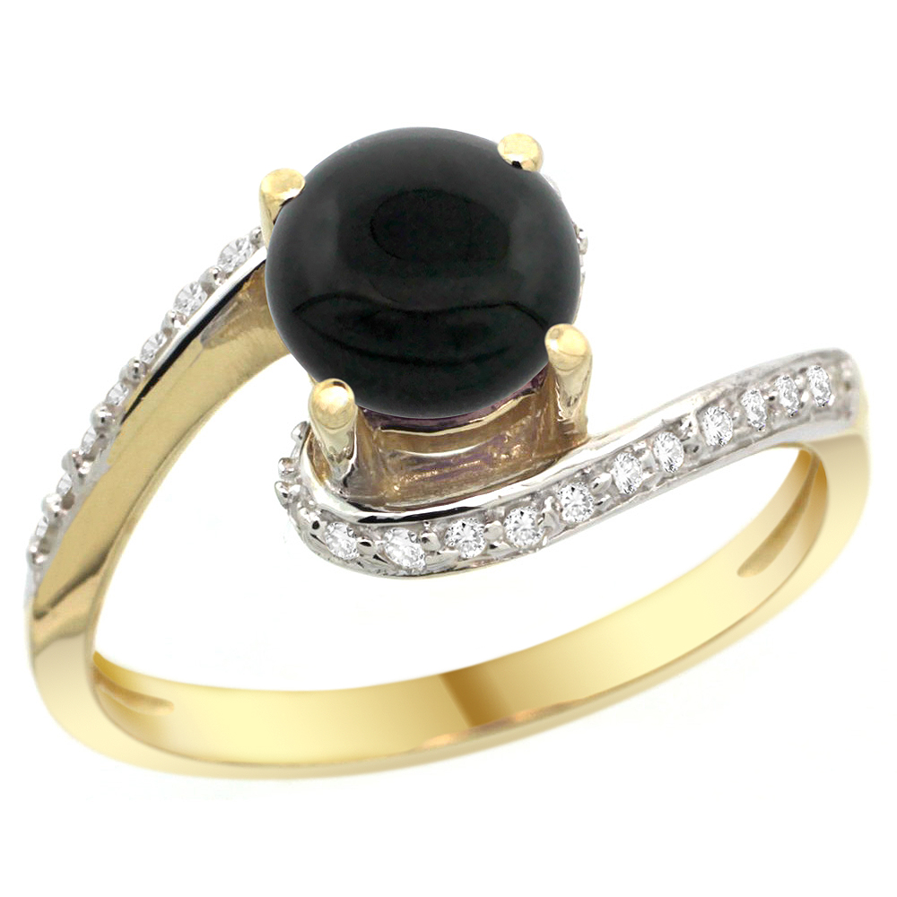 14k Yellow Gold Natural Black Onyx Swirl Design Ring Diamond Accent Round 6mm, 1/2 inch wide