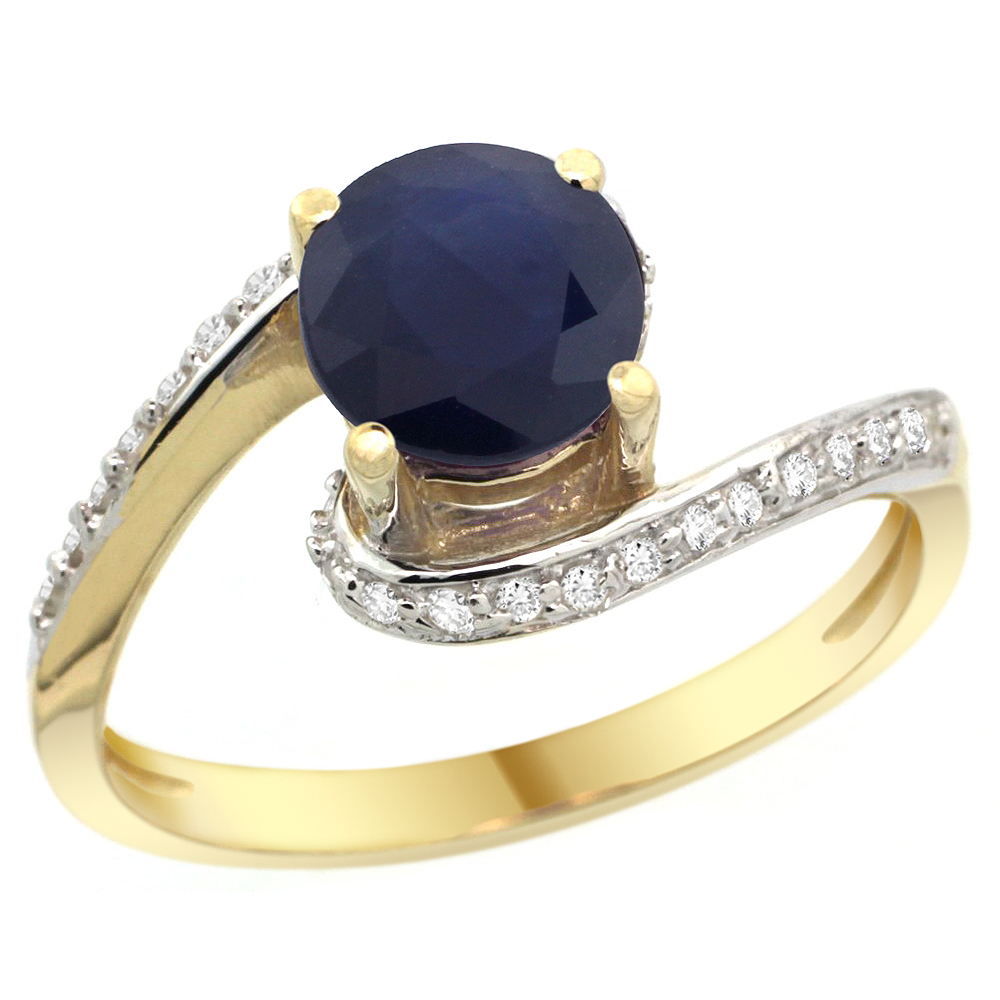 14k Yellow Gold Natural High Quality Blue Sapphire Swirl Design Ring Diamond Accent Round 6mm, 1/2 inch wide