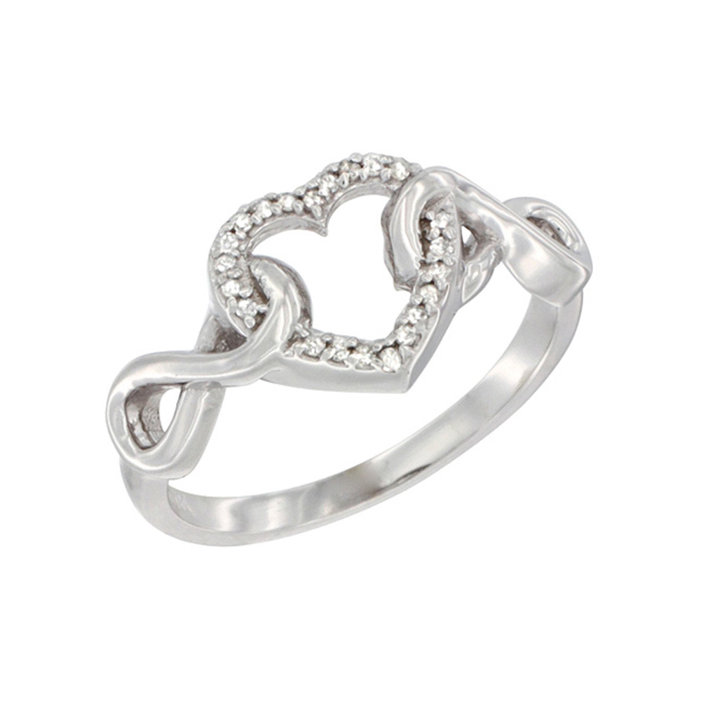 10K White Gold Diamond Heart Ring Infinity Symbols 3/8 inch wide, sizes 5 - 10