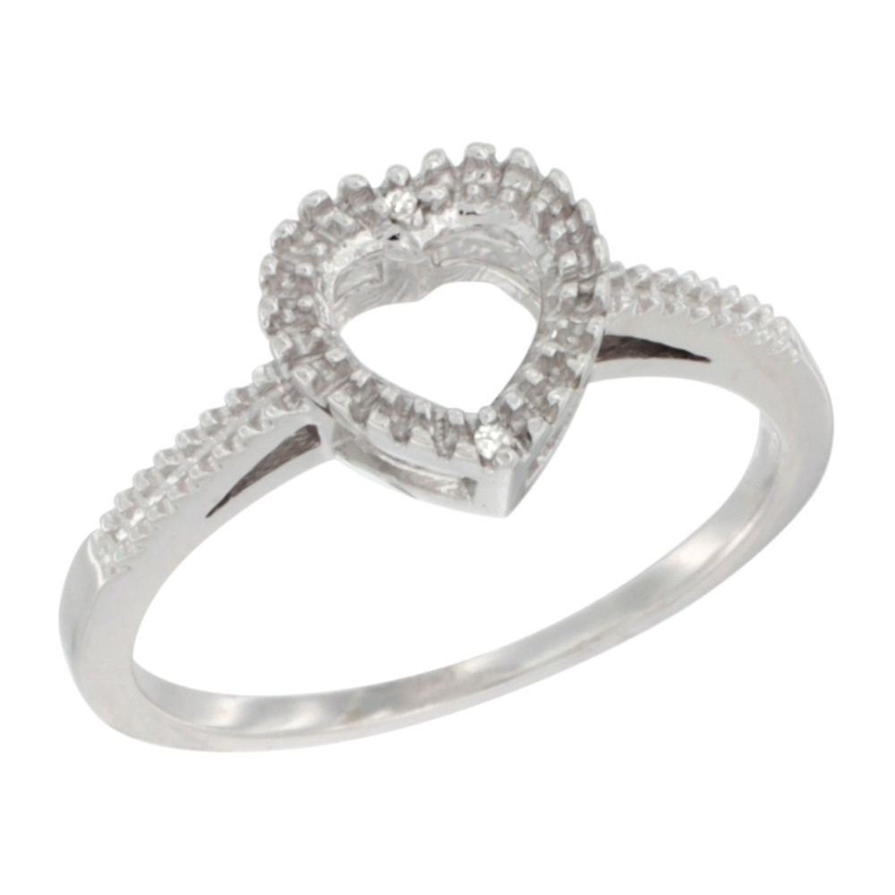 10K White Gold Dainty Diamond Heart Ring 3/8 inch, sizes 5 - 10