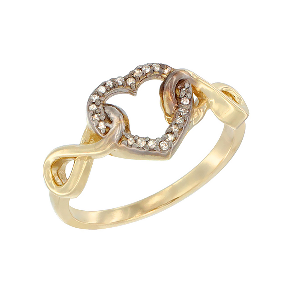 14K Yellow Gold Diamond Heart Ring Infinity Symbols 3/8 inch wide, sizes 5 - 10