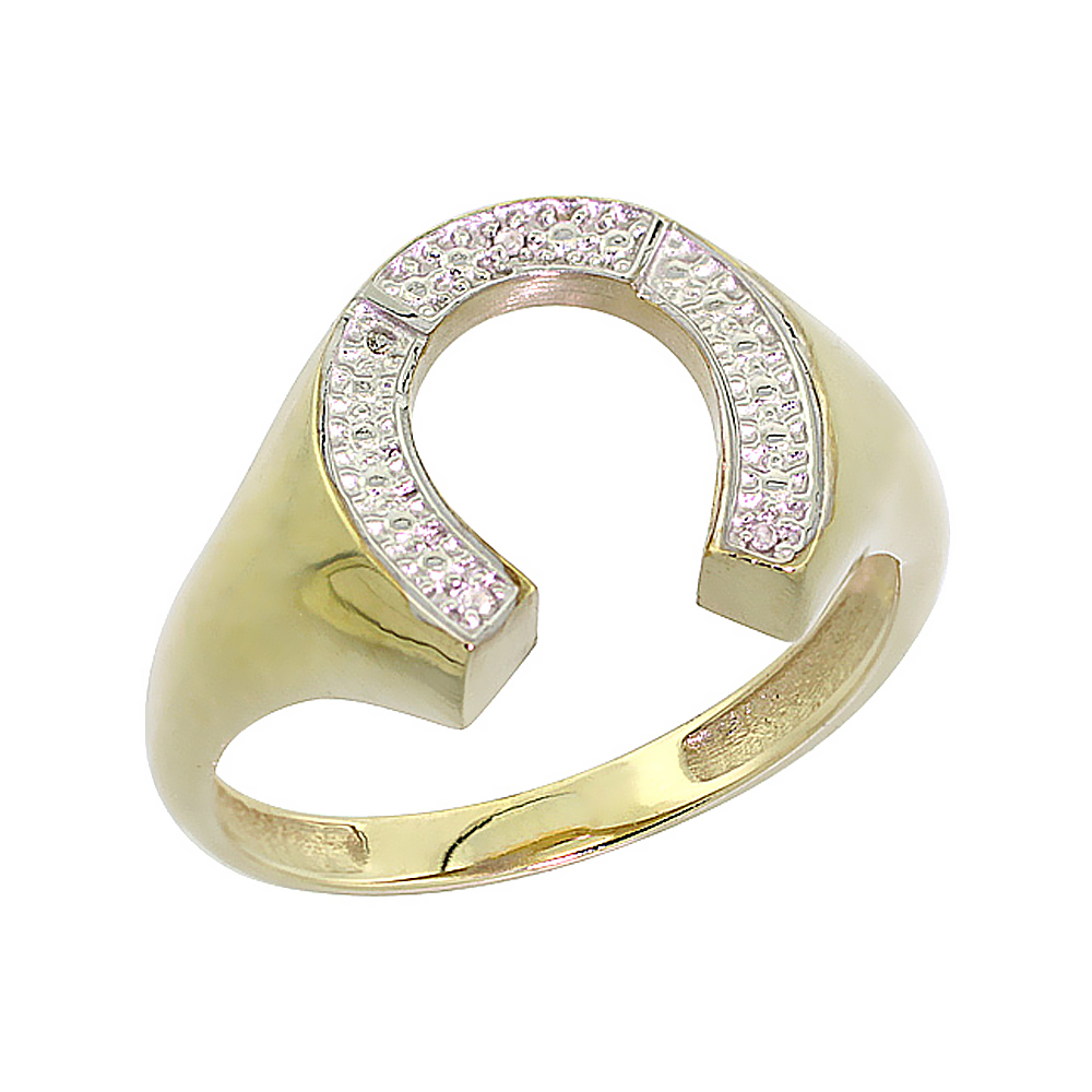 10K Yellow Gold Mens Horseshoe Ring Diamond Accent 9/16 inch wide, sizes 8 - 13