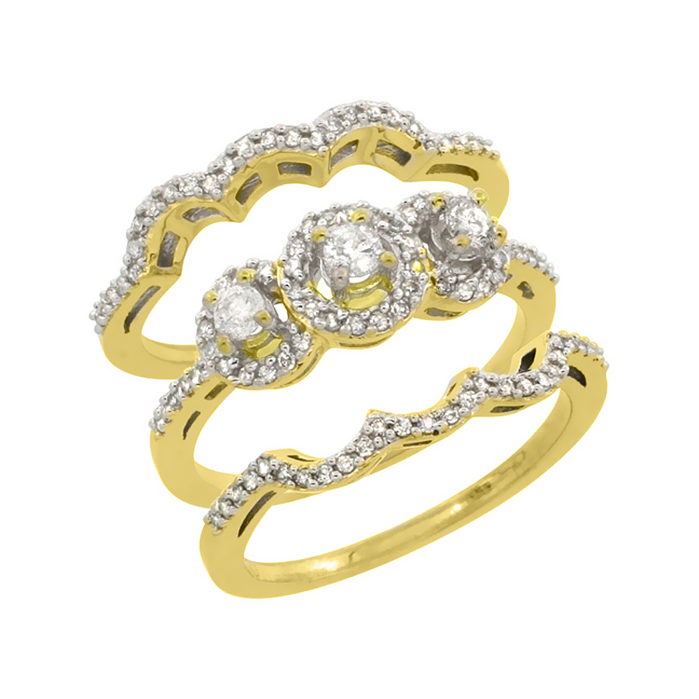 10K Yellow Gold 3-Piece Diamond Engagement Ring Set 0.585 cttw Brilliant Cut Diamonds 3/8 inch wide