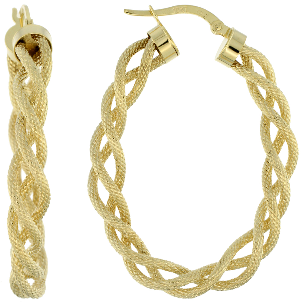 10K Yellow Gold Oval Hoop Earrings Twisted Rope Tubing Textured Finish Italy 1 1/2 inch