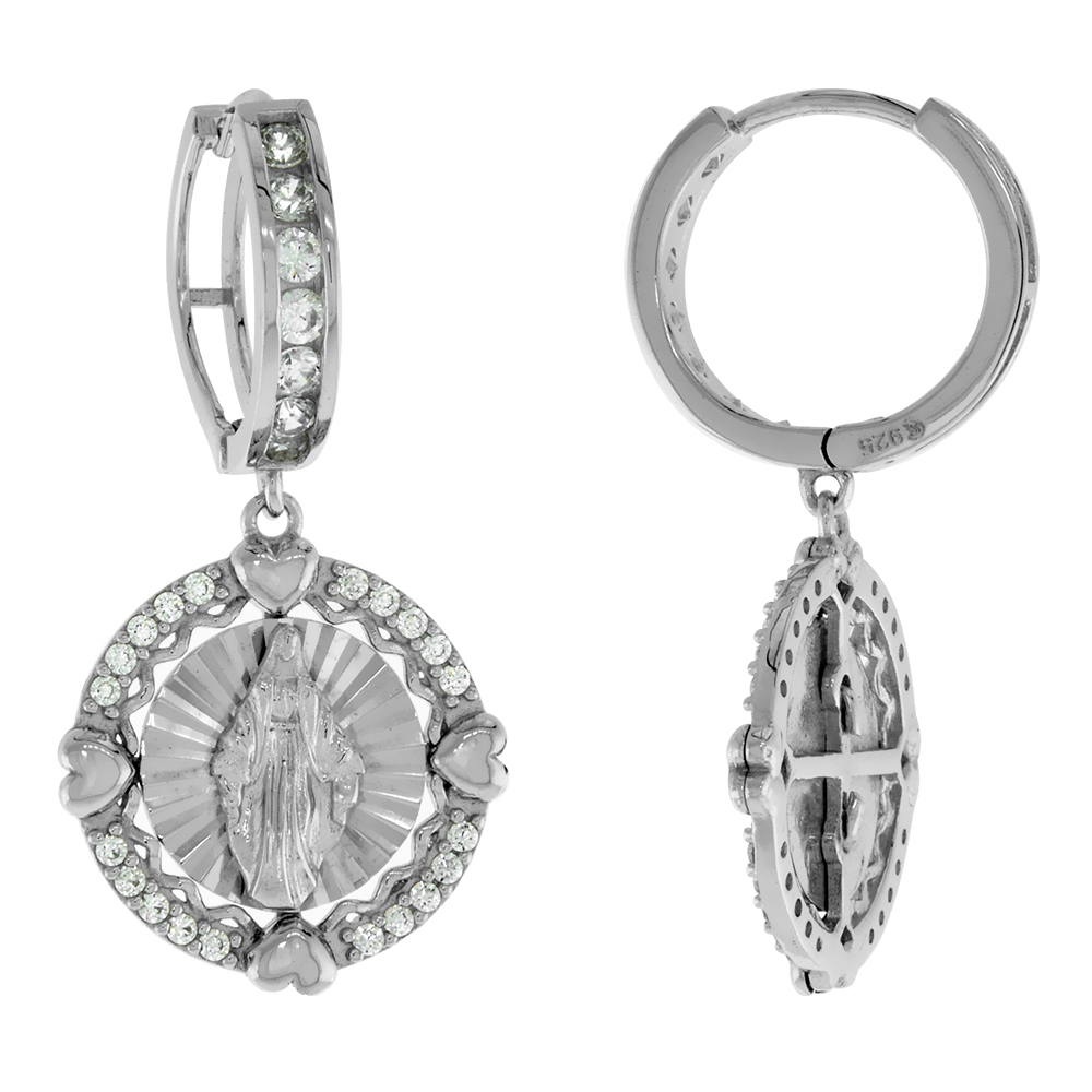 Sterling Silver CZ Halo Dangle Huggie Guadalupe Earrings for Women Diamond Cut Aureole Rhodium Finish 9/16 Round