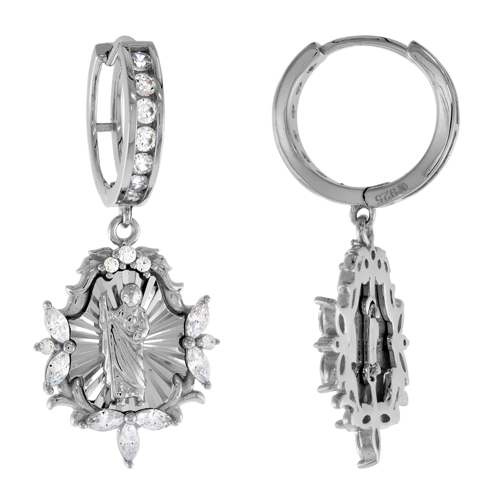 1 inch Sterling Silver CZ St Jude Dangle Huggie Earrings for Women Rhodium Finish