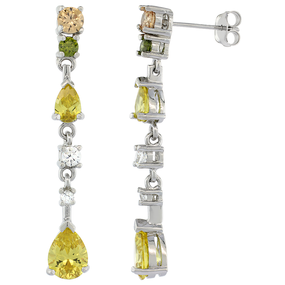 Sterling Silver Tear Drop Dangling CZ Earrings Peach, Green & Yellow Stones, 1 1/2 inch long