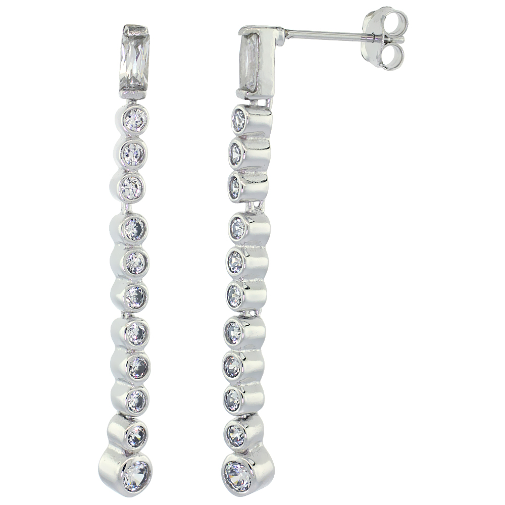 Sterling Silver Multiple CZ Stone Dangling Earrings Bezel Set, 1 3/4 inch long