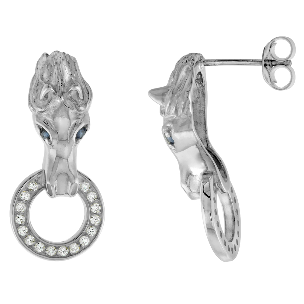 Sterling Silver CZ Blue Eyes Horse Head Door Knocker Stud Earrings for Women Flawless Polished Finish 1 inch long