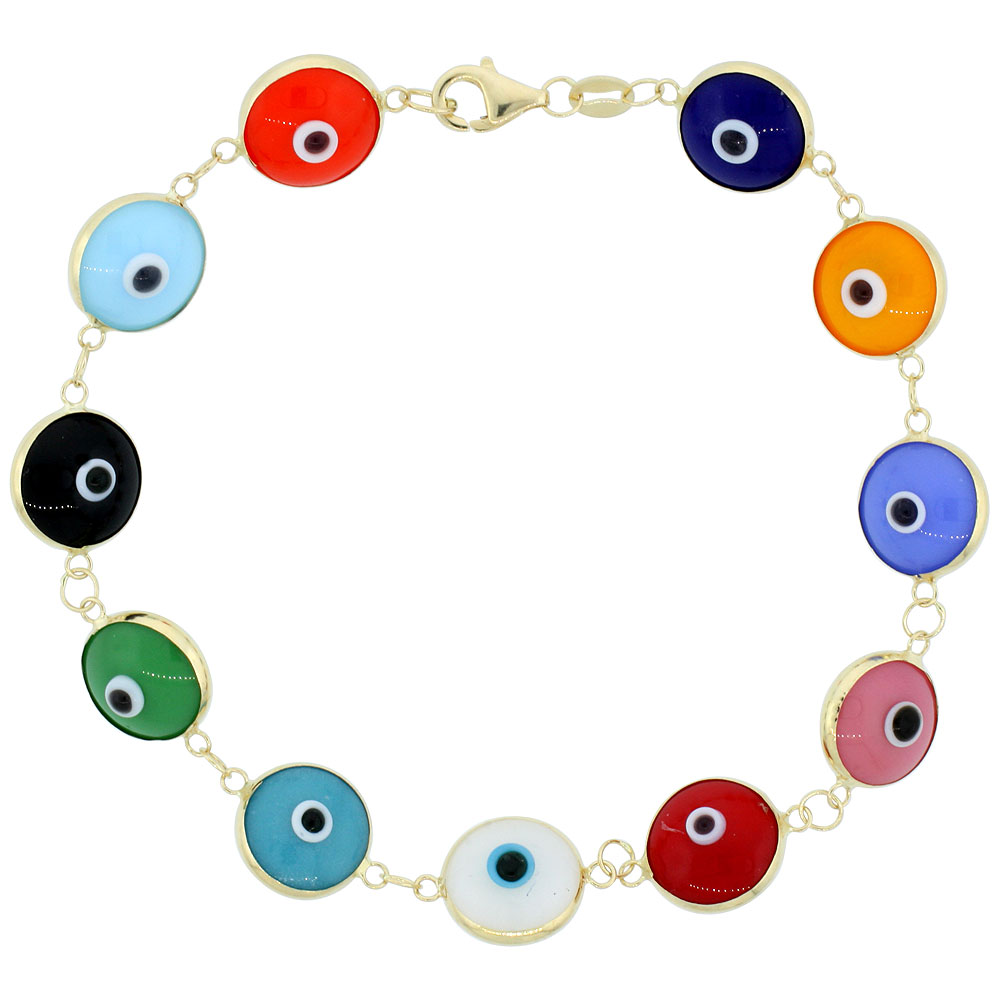 14k Gold Evil Eye Bracelet for women and Girls 10 mm Glass Eyes Multi Color 7 inch