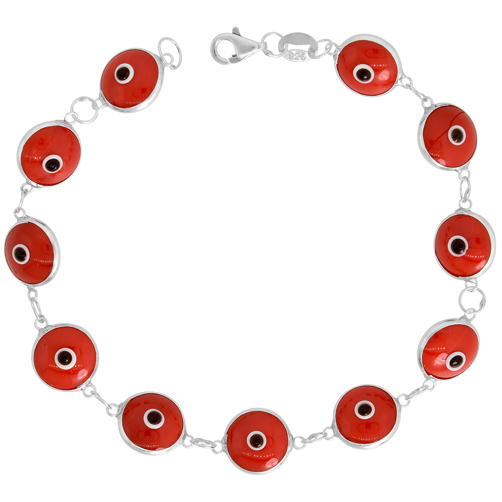 Sterling Silver Evil Eye Bracelet for Women and Girls 10 mm Glass Eyes Burgundy Color 7 inch