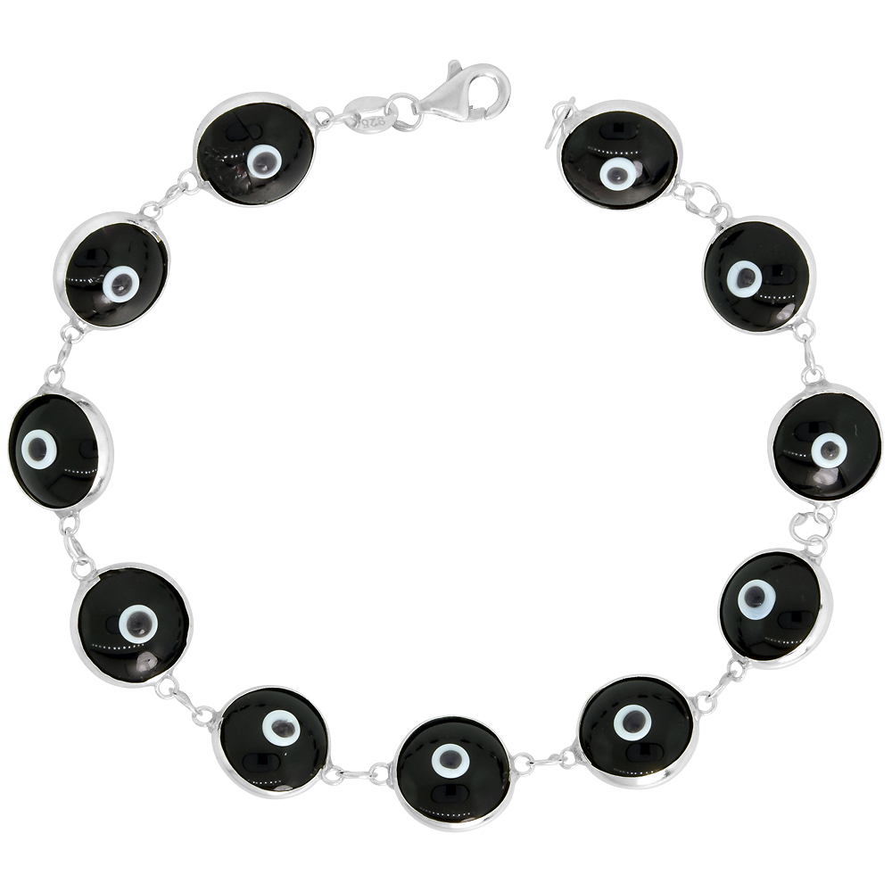 Sterling Silver Evil Eye Bracelet for Women and Girls 10 mm Glass Eyes Black Color 7 inch