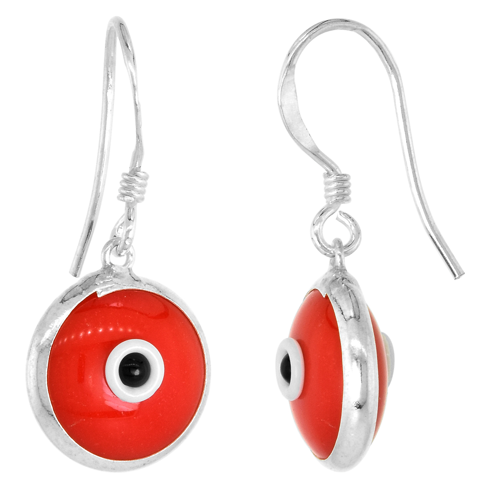 Sterling Silver Red Color Evil Eye Earrings for Women and Girls 10mm Glass Eyes with Fish Hook