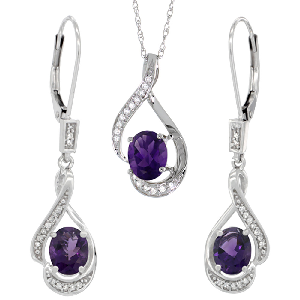 14K White Gold Diamond Natural Amethyst Lever Back Earrings &amp; Necklace Set Oval 7x5mm, 18 inch long