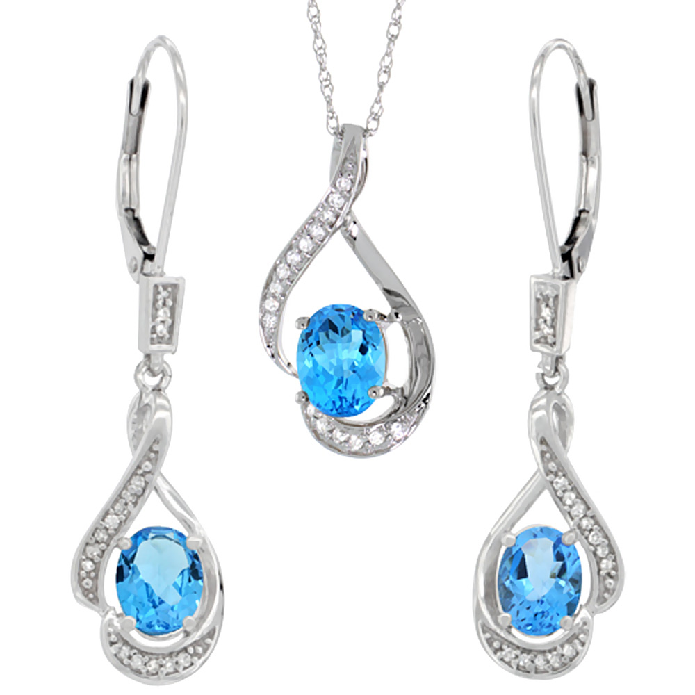 14K White Gold Diamond Natural Swiss Blue Topaz Lever Back Earrings Necklace Set Oval 7x5mm, 18 inch long