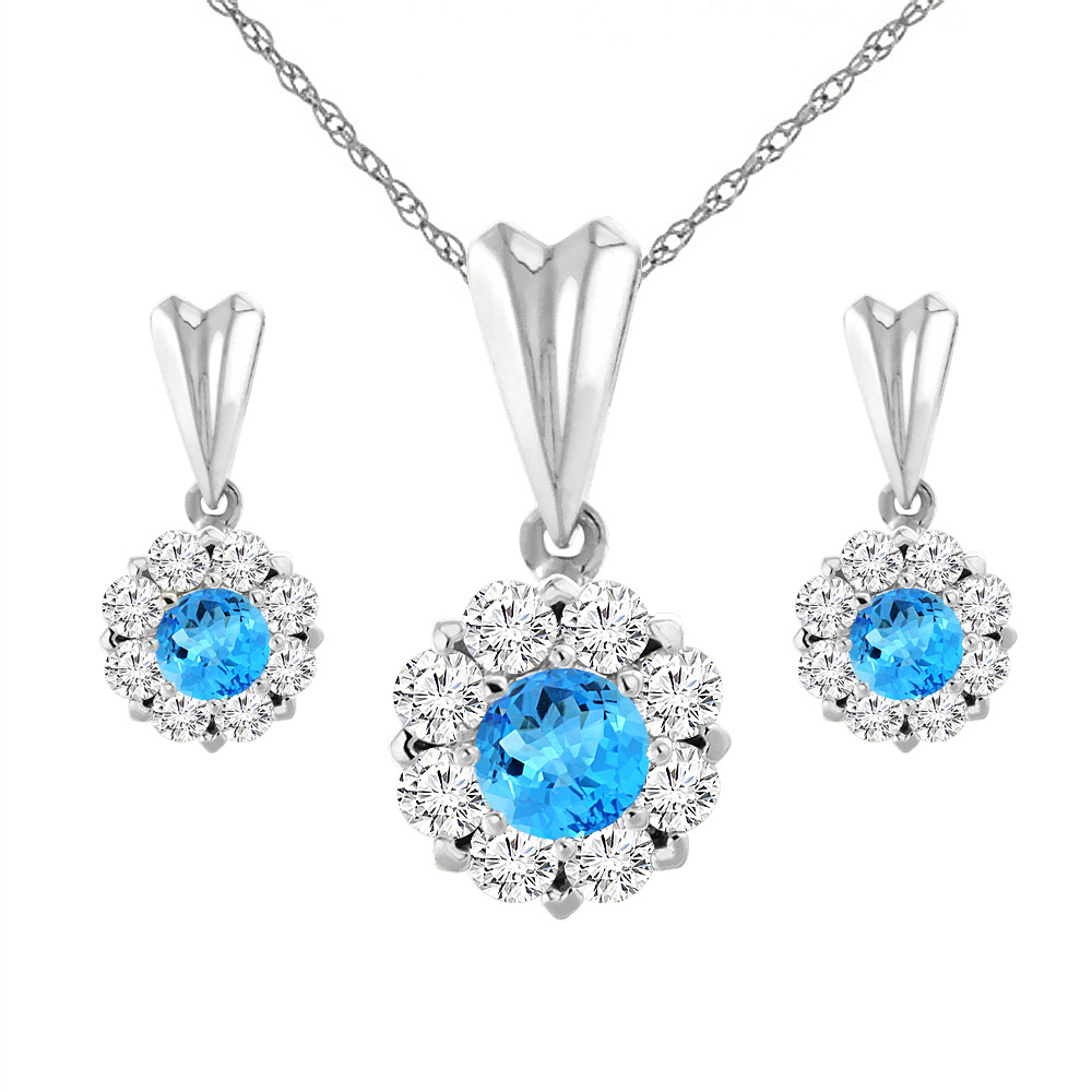 14K White Gold Natural Swiss Blue Topaz Earrings and Pendant Set with Diamond Halo Round 4 mm