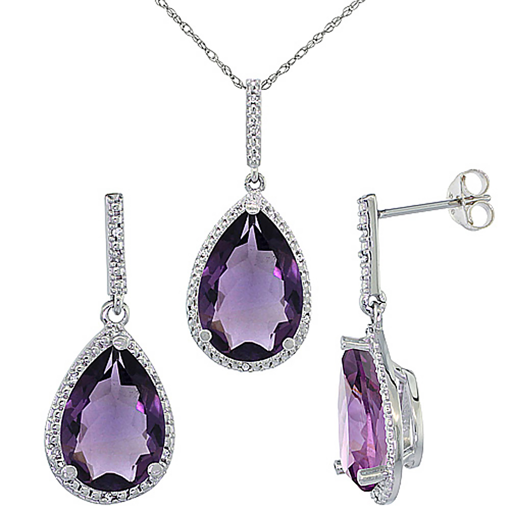 10K White Gold Diamond Natural Amethyst Earrings Necklace Set Pear Shaped 12x8mm &amp; 15x10mm, 18 inch long