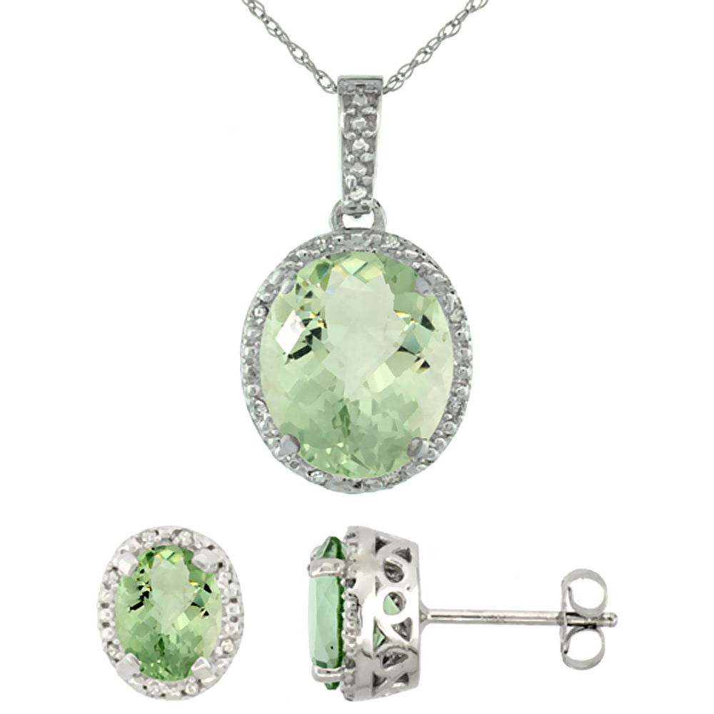 10K White Gold Diamond Halo Natural Green Amethyst Earrings Necklace Set Oval 7x5mm &amp; 12x10mm, 18 inch