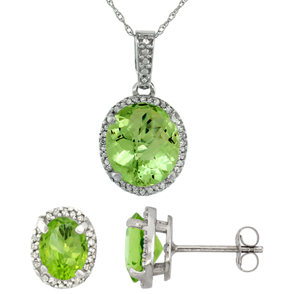 10K White Gold Diamond Natural Peridot Oval Earrings &amp; Pendant Set