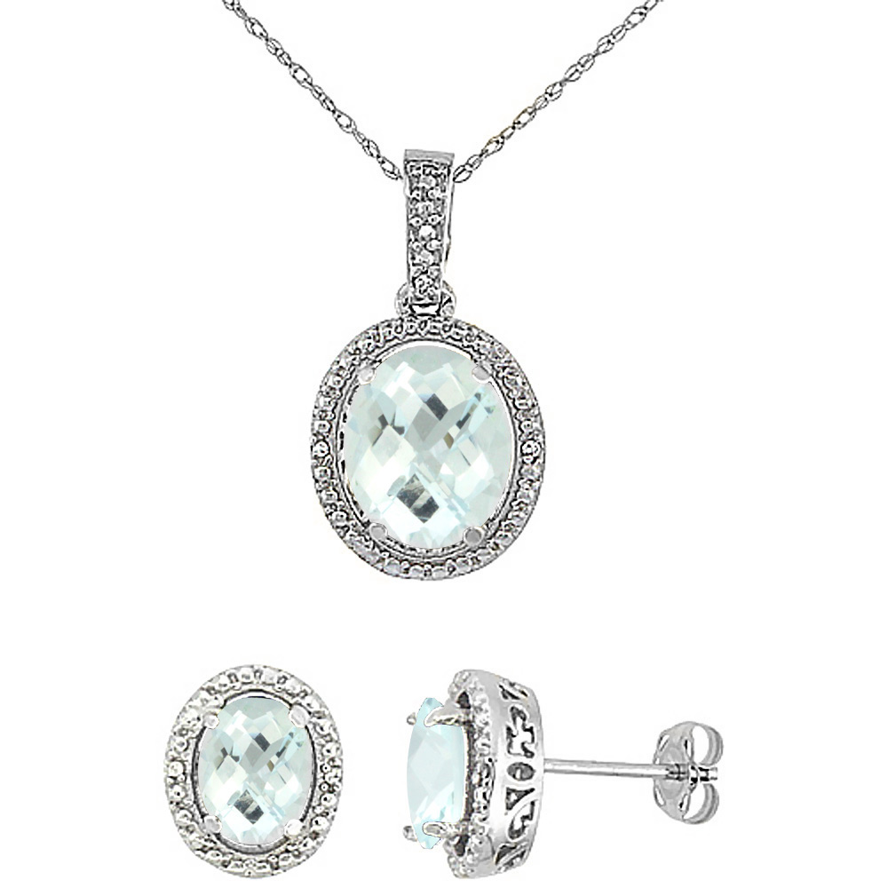 10K White Gold Diamond Natural Aquamarine Oval Earrings & Pendant Set