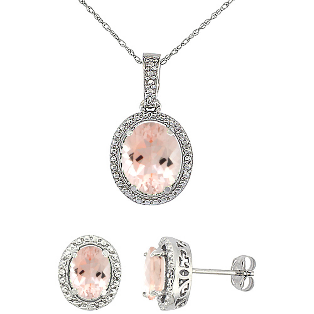 10K White Gold Diamond Natural Morganite Oval Earrings &amp; Pendant Set