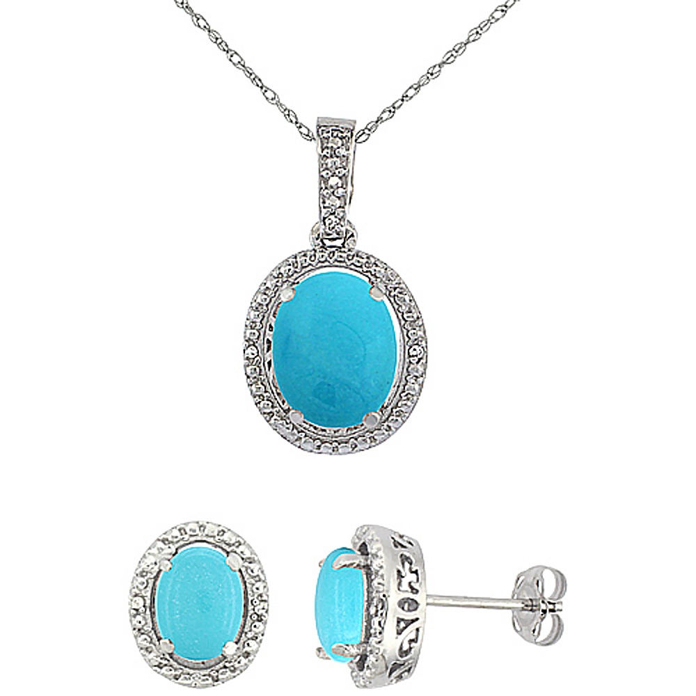 10K White Gold Diamond Natural Turquoise Oval Earrings &amp; Pendant Set