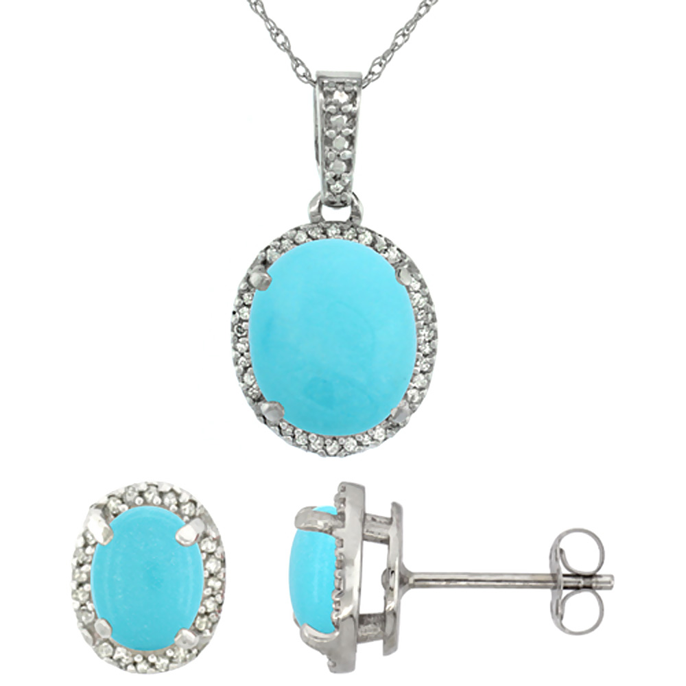 10K White Gold Diamond Natural Turquoise Oval Earrings &amp; Pendant Set