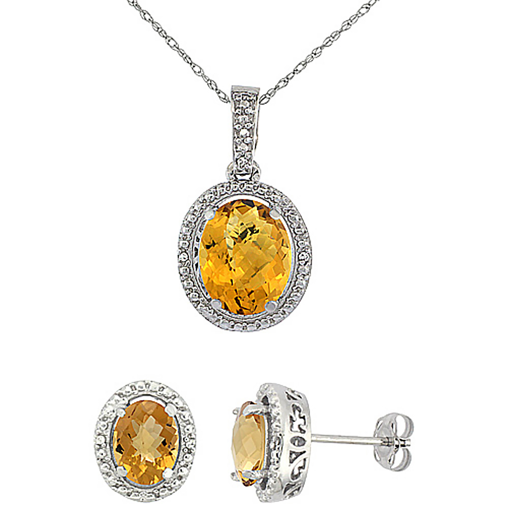 10K White Gold Diamond Natural Whisky Quartz Oval Earrings & Pendant Set