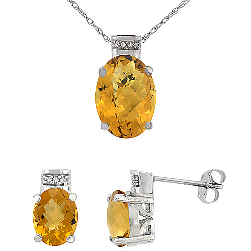 10K White Gold Diamond Natural Oval Whisky Quartz Earrings &amp; Pendant Set