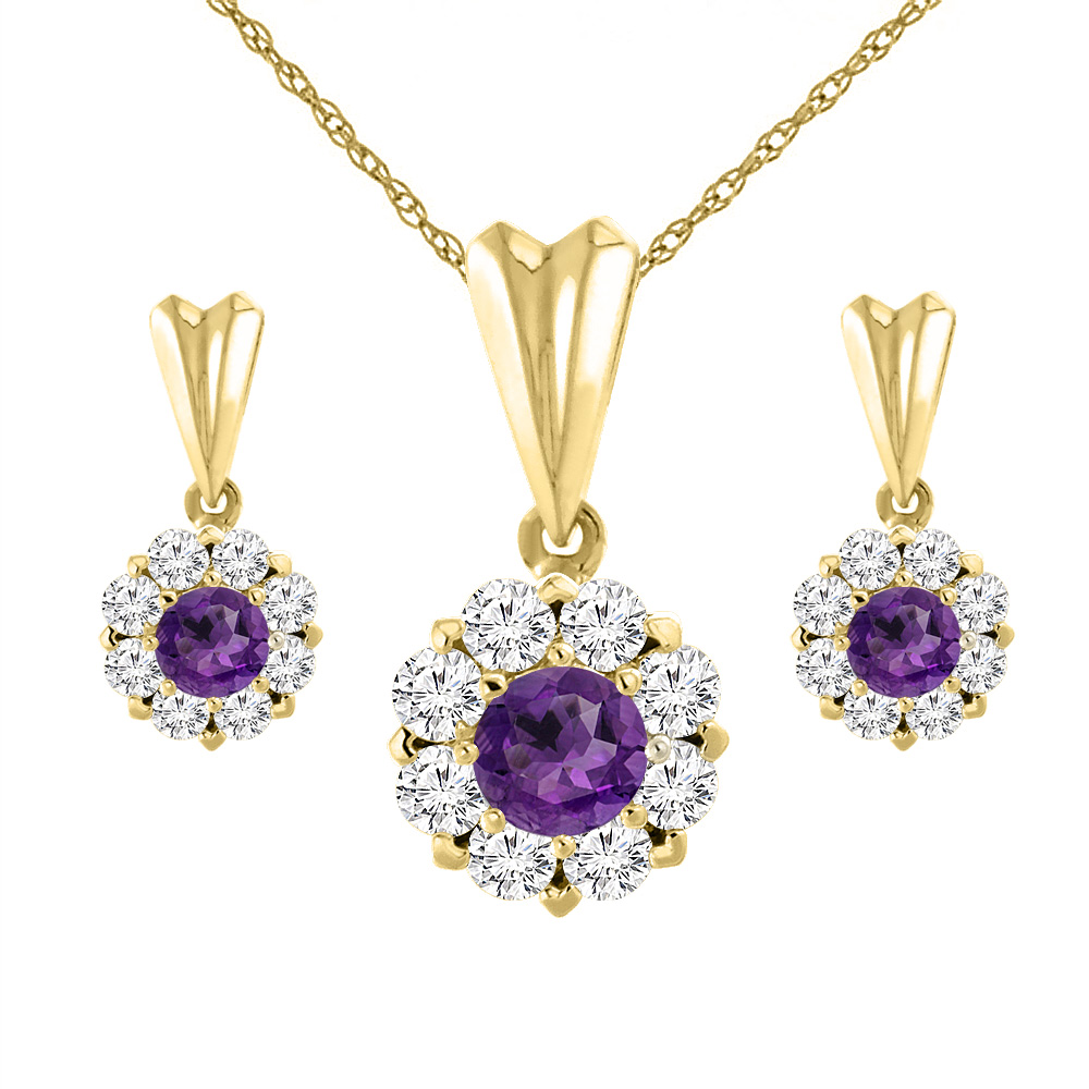 14K Yellow Gold Natural Amethyst Earrings and Pendant Set with Diamond Halo Round 4 mm