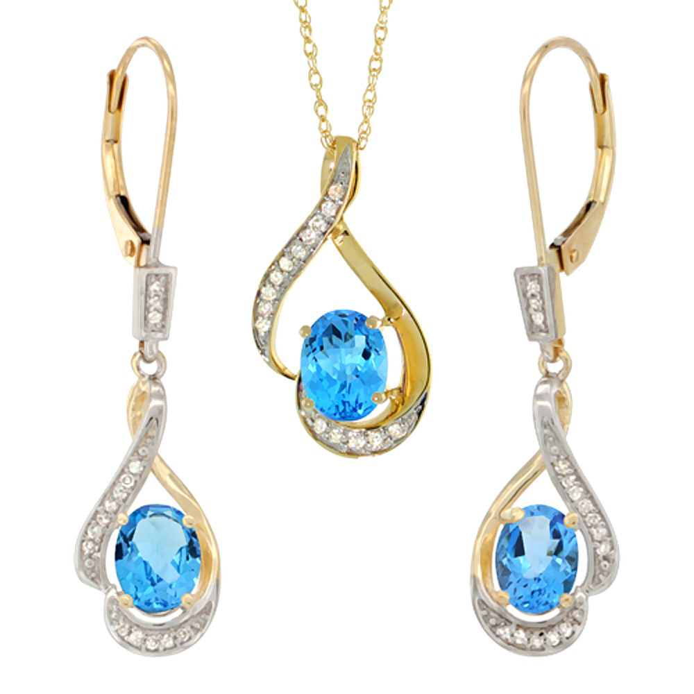 14K Yellow Gold Diamond Natural Swiss Blue Topaz Lever Back Earrings Necklace Set Oval 7x5mm,18 inch long