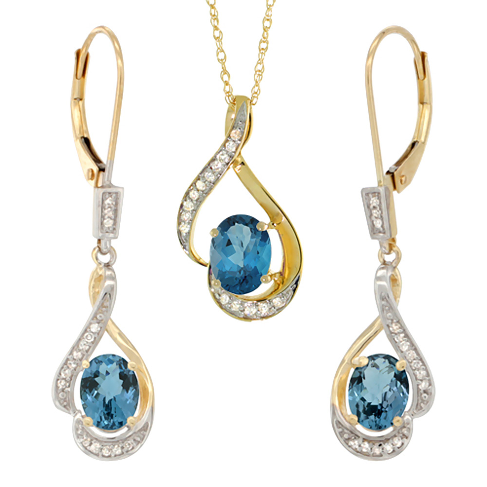 14K Yellow Gold Diamond Natural London Blue Topaz Lever Back Earrings Necklace Set Oval 7x5mm,18 inch