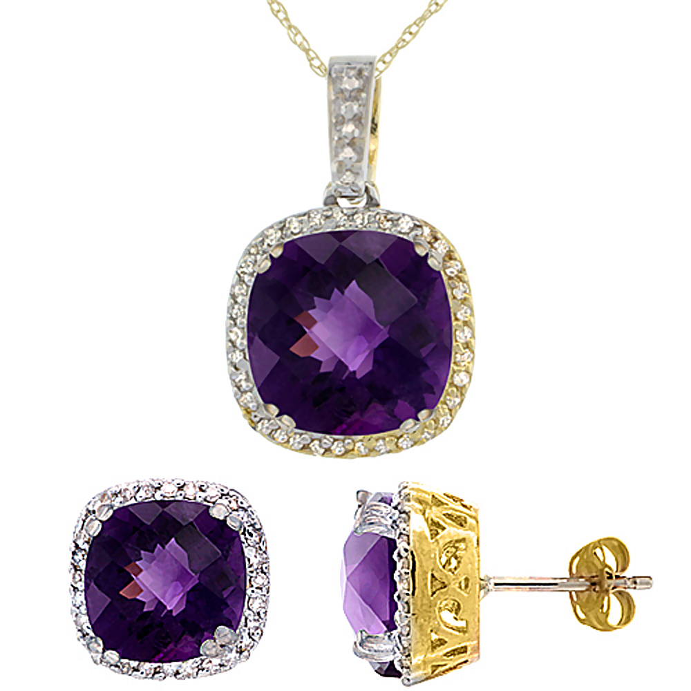 10k Yellow Gold Diamond Halo Natural Amethyst Earring Necklace Set 7x7mm & 10x10mm Cushion, 18 inch