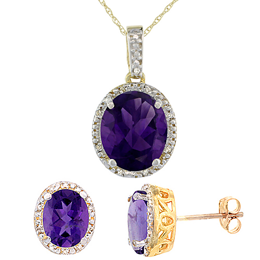 10K Yellow Gold Diamond Halo Natural Amethyst Earrings Necklace Set Oval 7x5mm & 12x10mm, 18 inch