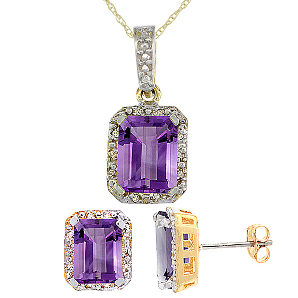 10K Yellow Gold Natural Octagon 8x6 mm Amethyst Earrings &amp; Pendant Set Diamond Accents