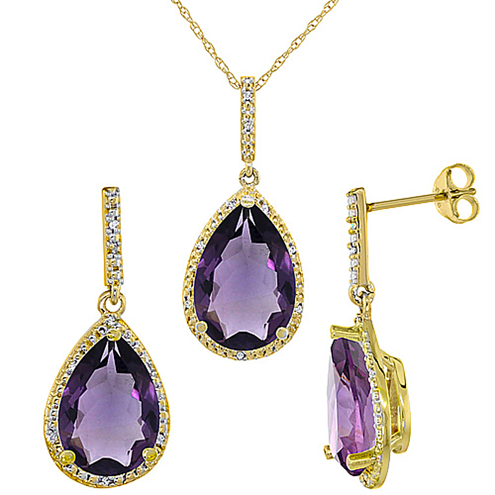 10K Yellow Gold Diamond Natural Amethyst Earrings Necklace Set Pear Shaped 12x8mm &amp; 15x10mm, 18 inch long