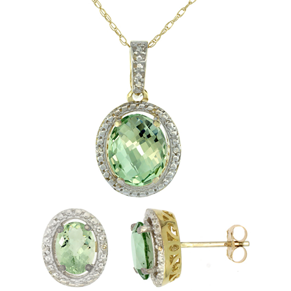 10K Yellow Gold Diamond Natural Green Amethyst Oval Earrings & Pendant Set