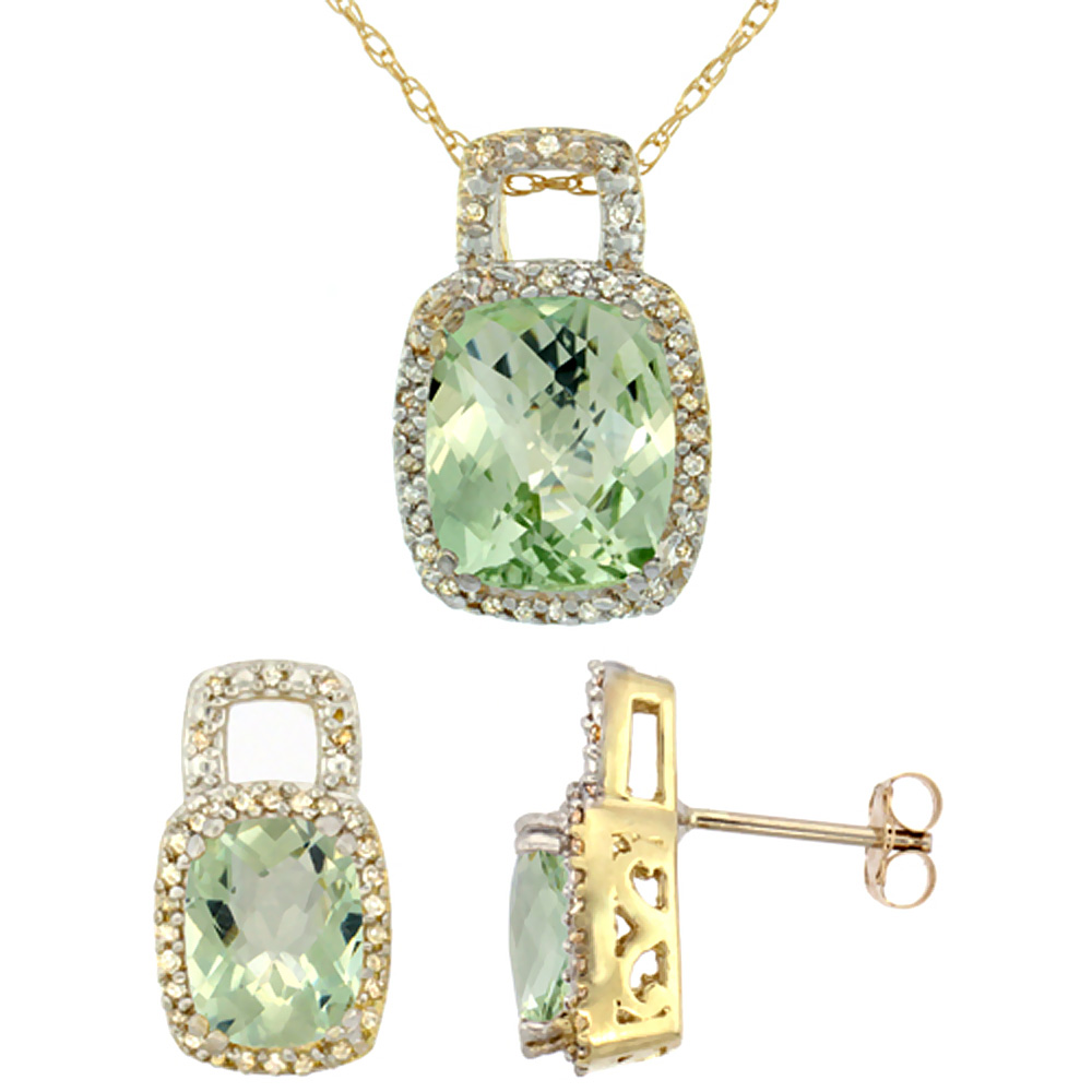 10K Yellow Gold Natural Octagon Cushion Green Amethyst Earrings & Pendant Set Diamond Accents