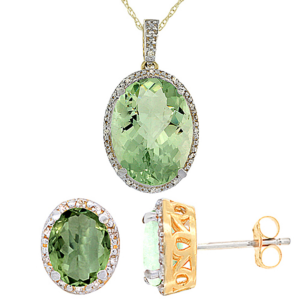 10K Yellow Gold Diamond Natural Oval Green Amethyst Earrings &amp; Pendant Set