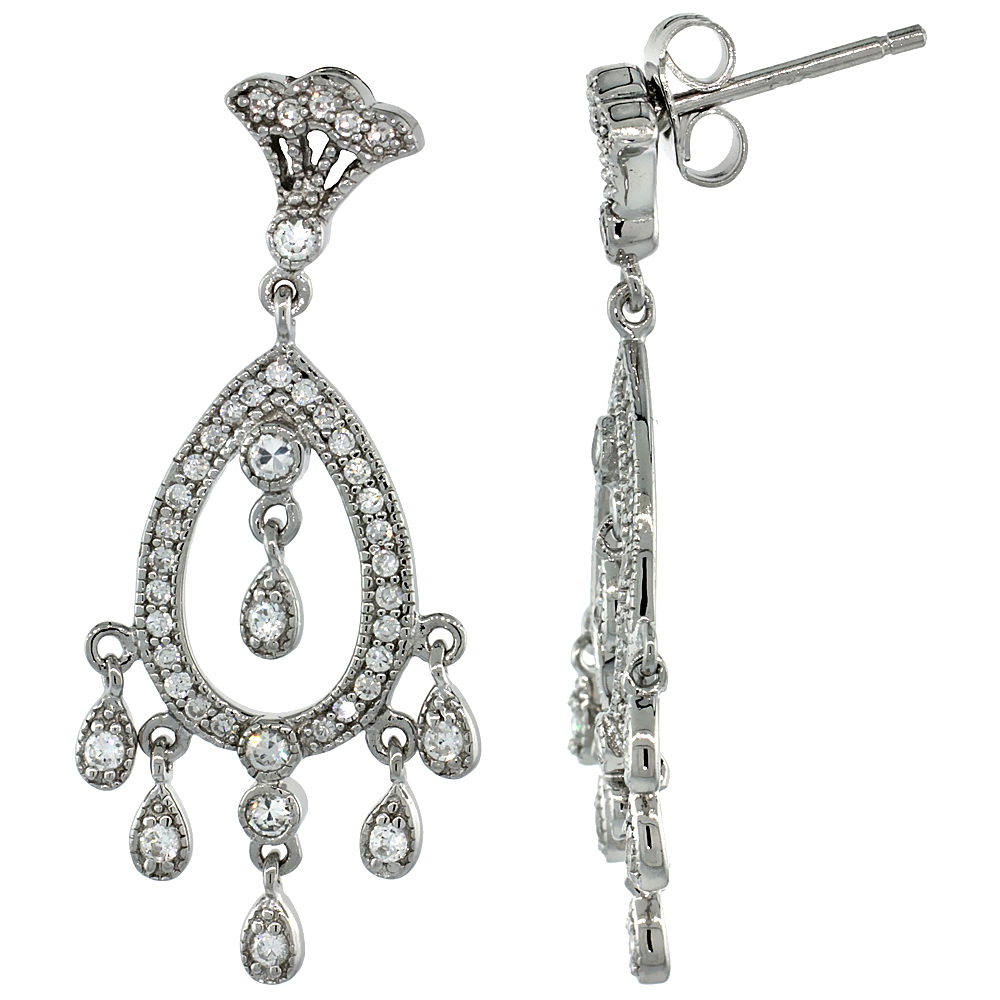 Sterling Silver Teardrop Cut Out Dangle Chandelier Earrings w/ Brilliant Cut CZ Stones, 1 3/8 in. (34 mm) tall