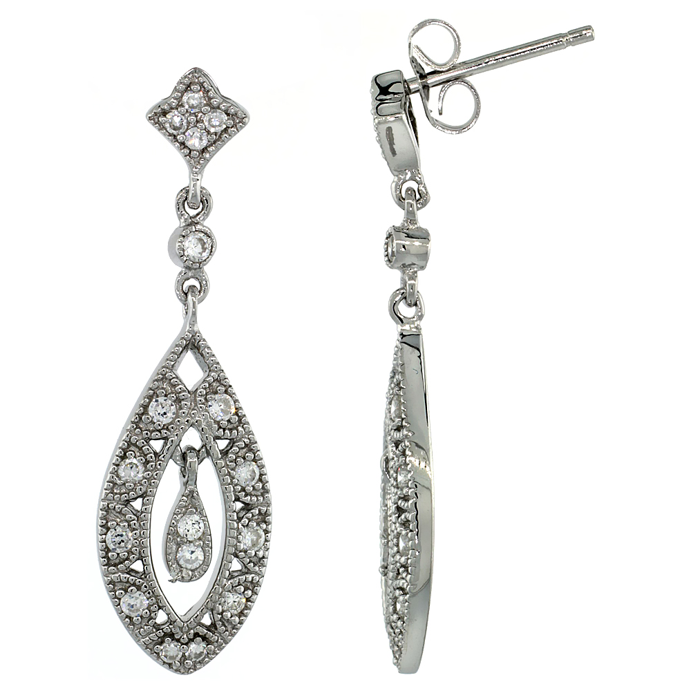 Sterling Silver Teardrop Marquise Cut Out Dangle Earrings w/ Brilliant Cut CZ Stones, 1 5/16 in. (33 mm) tall