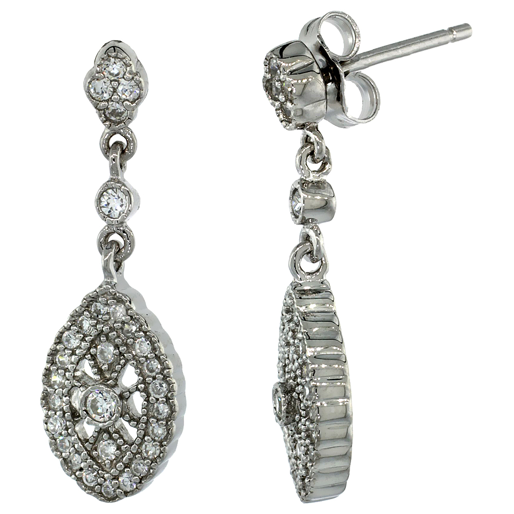 Sterling Silver Marquise Shape Dangle Earrings w/ Brilliant Cut CZ Stones, 1 1/16 in. (26 mm) tall