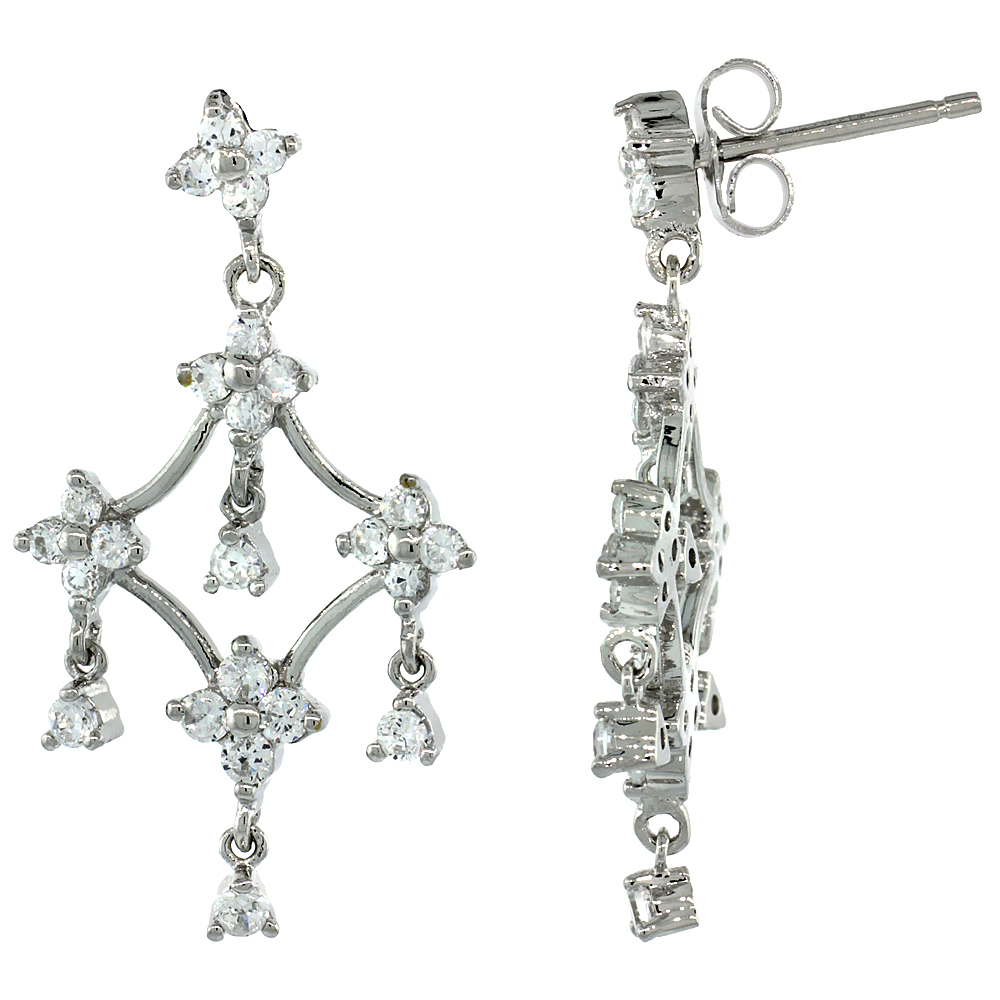 Sterling Silver Floral Dangle Chandelier Earrings w/ Brilliant Cut CZ Stones, 1 1/4 in. (31 mm) tall