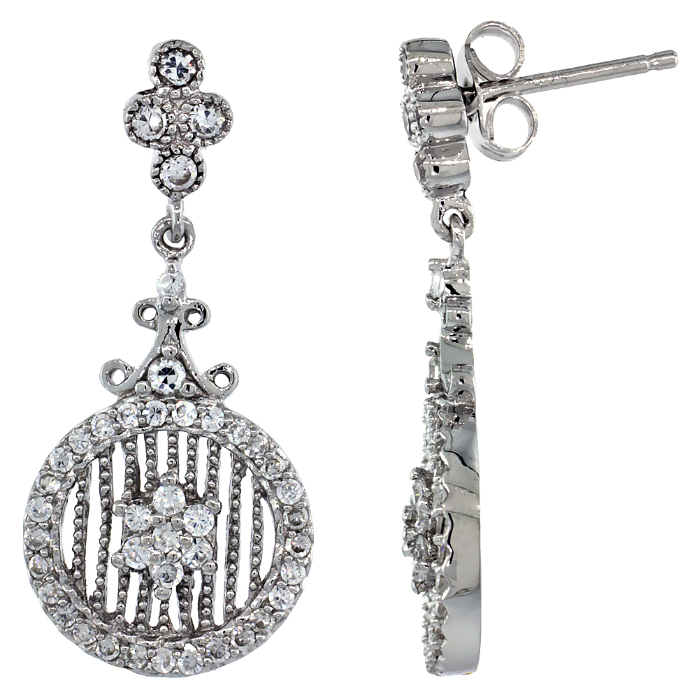 Sterling Silver Floral Dangle Earrings w/ Brilliant Cut CZ Stones, 1 3/16 in. (30 mm) tall